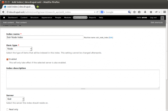 Drupal Search API add Solr index screen