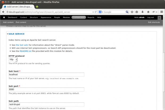 Drupal Search API add Solr server screen